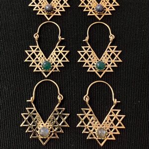 Sacred Geometry Sri Yantra Earrings w/gemstone~ Brass (gold) Silver